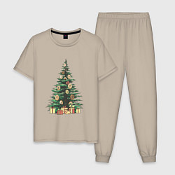 Пижама хлопковая мужская Новогодняя елка с пончиками, цвет: миндальный