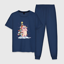 Пижама хлопковая мужская Новогодняя елка и розовый единорог, цвет: тёмно-синий