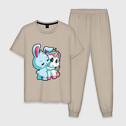 Пижама хлопковая мужская Кролик и единорог, цвет: миндальный