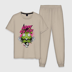 Пижама хлопковая мужская Green rabbit Happy new year, цвет: миндальный