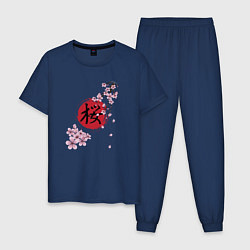 Пижама хлопковая мужская Цветущая вишня и красный круг с японским иероглифо, цвет: тёмно-синий