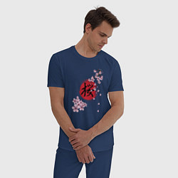 Пижама хлопковая мужская Цветущая вишня и красный круг с японским иероглифо, цвет: тёмно-синий — фото 2