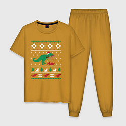 Пижама хлопковая мужская Новогодний тирекс - ugly sweater, цвет: горчичный