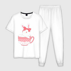 Пижама хлопковая мужская Зайчонок в чашке, цвет: белый