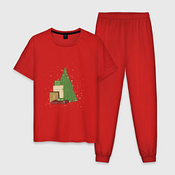 Пижама хлопковая мужская Новогодняя елка с горой подарков, цвет: красный