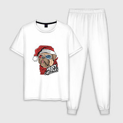 Пижама хлопковая мужская Pug merry christmas, цвет: белый