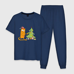 Пижама хлопковая мужская Кот наряжает новогоднюю ёлку, цвет: тёмно-синий