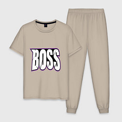 Пижама хлопковая мужская Босс надпись, цвет: миндальный