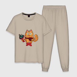 Пижама хлопковая мужская Влюбленный рыжий кот с рыбным букетом, цвет: миндальный