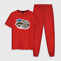 Пижама хлопковая мужская Боевой енот спит, цвет: красный