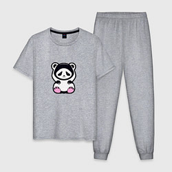 Пижама хлопковая мужская Милая панда в капюшоне, цвет: меланж
