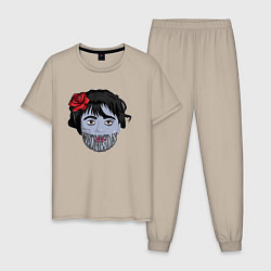 Пижама хлопковая мужская Уэнсдэй зомби арт, цвет: миндальный
