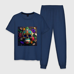 Пижама хлопковая мужская Разноцветные черепа, цвет: тёмно-синий