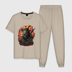 Пижама хлопковая мужская Череп самурая, цвет: миндальный