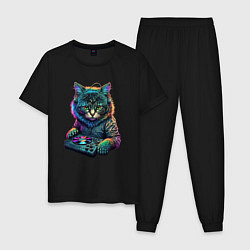 Пижама хлопковая мужская Кот диджей, цвет: черный