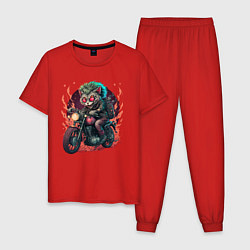 Пижама хлопковая мужская Кот байкер к рюкзаком, цвет: красный