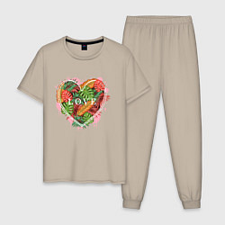 Пижама хлопковая мужская Сердце в цветах, цвет: миндальный