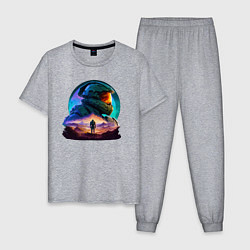 Пижама хлопковая мужская Киборг и космический пейзаж, цвет: меланж