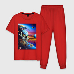 Пижама хлопковая мужская Иллюзия черепа - неоновый закат - нейросеть -сюрре, цвет: красный