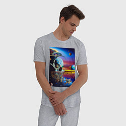 Пижама хлопковая мужская Иллюзия черепа - неоновый закат - нейросеть -сюрре, цвет: меланж — фото 2