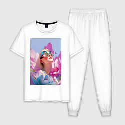 Пижама хлопковая мужская Весенняя девушка в цветах, цвет: белый