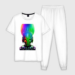 Пижама хлопковая мужская Aggressive alien - neural network - neon glow, цвет: белый