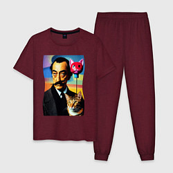 Пижама хлопковая мужская Salvador Dali and cat, цвет: меланж-бордовый
