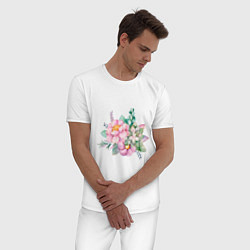 Пижама хлопковая мужская Акварельные цветы в пастельных тонах, цвет: белый — фото 2