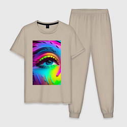 Пижама хлопковая мужская Глаз - нейросеть - поп-арт - неон, цвет: миндальный