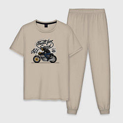 Пижама хлопковая мужская Мотогонки мотоциклист, цвет: миндальный