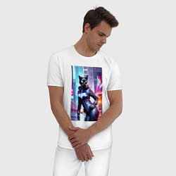 Пижама хлопковая мужская Модная кошечка в ночном городе, цвет: белый — фото 2
