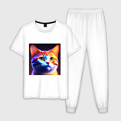 Пижама хлопковая мужская Милый котик с большими глазами, цвет: белый