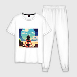 Пижама хлопковая мужская Девушка на пляже, цвет: белый