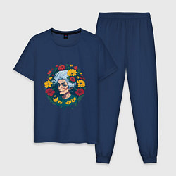 Пижама хлопковая мужская Модная бабушка в цветах, цвет: тёмно-синий
