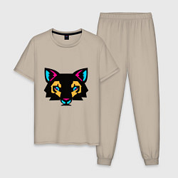 Пижама хлопковая мужская Яркий абстрактный кот, цвет: миндальный