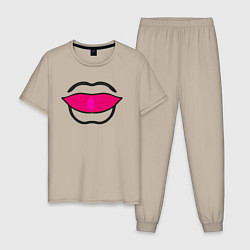 Пижама хлопковая мужская Губы абстракция, силуэт рта, цвет: миндальный