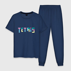 Пижама хлопковая мужская Тетрис надпись из блоков, цвет: тёмно-синий