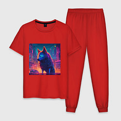 Пижама хлопковая мужская Волк в неоновом киберпанк-городе, цвет: красный