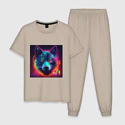 Пижама хлопковая мужская Неновый волк, цвет: миндальный