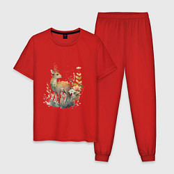 Пижама хлопковая мужская Акварельный милый олень, цвет: красный
