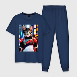 Пижама хлопковая мужская Милый котёнок - киберпанк, цвет: тёмно-синий
