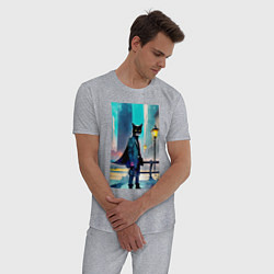 Пижама хлопковая мужская Кот модник - Нью-Йорк - акварель, цвет: меланж — фото 2