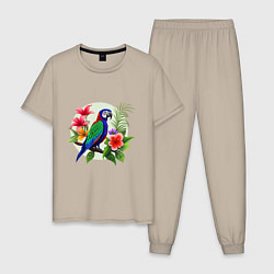 Пижама хлопковая мужская Попугай среди цветов, цвет: миндальный