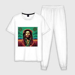 Пижама хлопковая мужская Digital Art Bob Marley in the field, цвет: белый