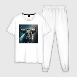Пижама хлопковая мужская Бык в стиле футуризм - нейросеть, цвет: белый