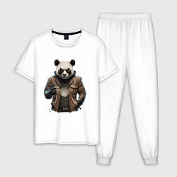 Пижама хлопковая мужская Крутая панда, цвет: белый