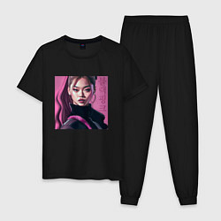 Пижама хлопковая мужская Blackpink Jennie рисунок портрет, цвет: черный