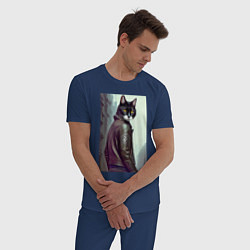 Пижама хлопковая мужская Модный котяра - Лондон - нейросеть, цвет: тёмно-синий — фото 2