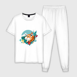 Пижама хлопковая мужская Лиса и горы среди цветов, цвет: белый