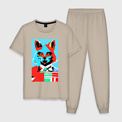 Пижама хлопковая мужская Морда лисы - поп-арт - нейросеть, цвет: миндальный